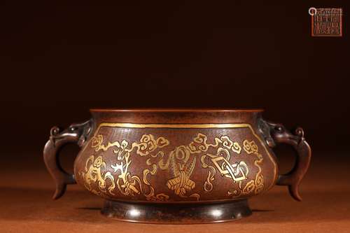 A Chinese Bronze Censer With Gilt Bronze Dragon Carving