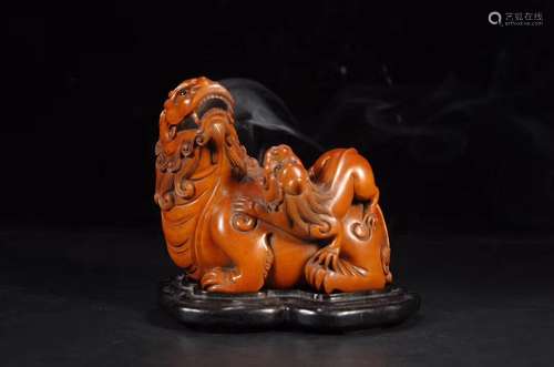 A Chinese Yellow Pear Wood Censer Ornament Of Beast Shaping