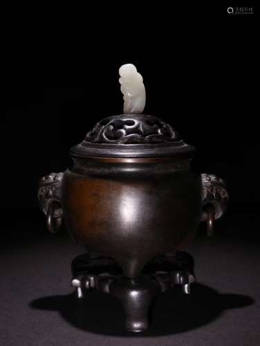 A Chinese Bronze Censer With Rosewood Base