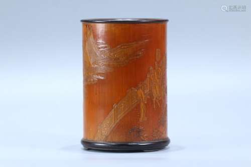 A Chinese Bamboo Brush Pot Of Story Carving With Mark