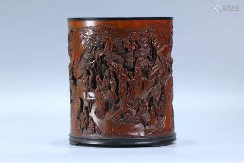 A Chinese Bamboo Brush Pot Of Story Carving With Mark