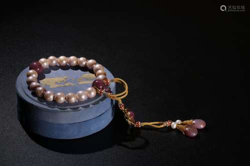 A Chinese Pink Pearl Bracelet With Ruby