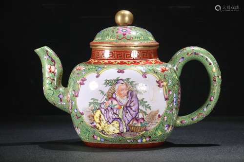 A Chinese Zisha Teapot Enameled With Story Carving