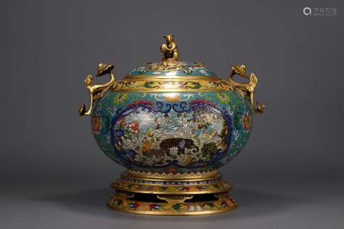 A Chinese Cloisonne Floral Carving Censer With Gilt Bronze Elephant