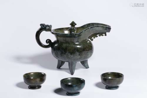 Set Of Chinese Hetian Green Jade Vessel&Cups With Mark