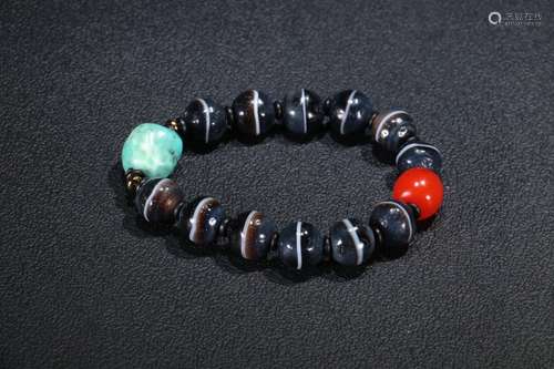 A Chinese Dzi Bracele With South Red Agate&Turquoise Stone