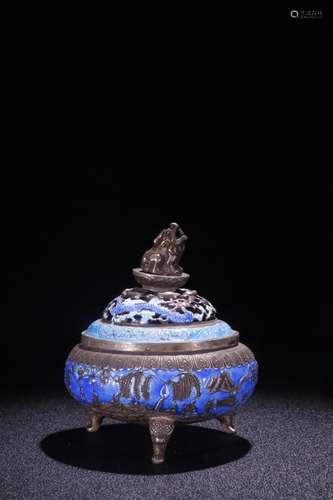 A Chinese Silver Enameling Blue Censer With Beast Button