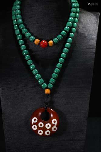 A Chinese Sherpa Glass Bead Necklace With Dzi