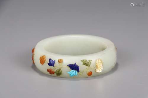 A Chinese Hetian Jade Bangle Embeded Gems With Floral Carving