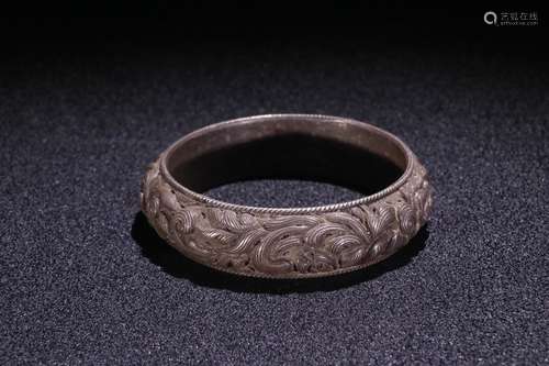 A Chinese Silver Bangle With Floral Carving