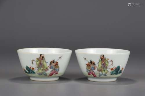 Pair Of Chinese Porcelain Famille Rose Cups With Figure Painting