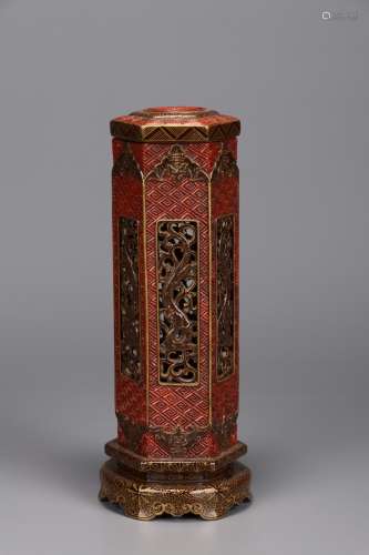 A Chinese Porcelain Red Glazed Censer Tube Of Dragon&Golden Painting