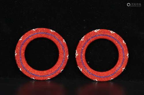 Pair Of Chinese Red Coral Bangles Surrounded On Agarwood