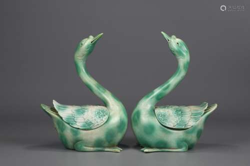 Pair Of Chinese Porcelain Green Glazed Ornaments Of Duck Shaping