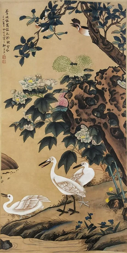 A Chinese Birds Painting Scroll, Tian Shiguang Mark