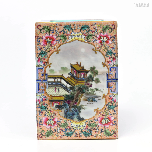 A Chinese Famille Rose Floral Porcelain Square Brush