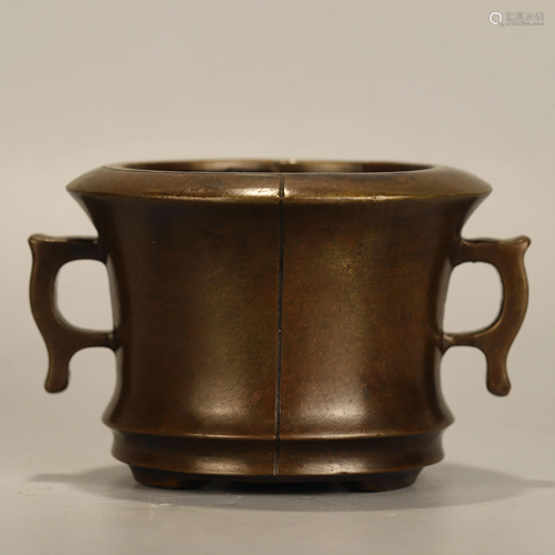 A Chinese Double Ears Three-legged Copper Incense