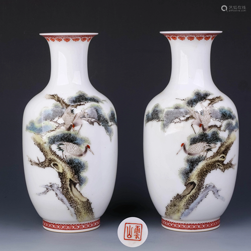 A Pair of Chinese Pine Tree and Crane Painted Porcel…