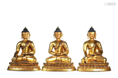 A Set of Chinese Gild Copper Buddha Statue,3pcs