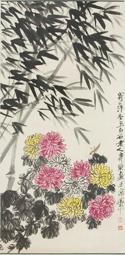 A Chinese Bamboo and Flowers Painting, Qi Baishi Mark