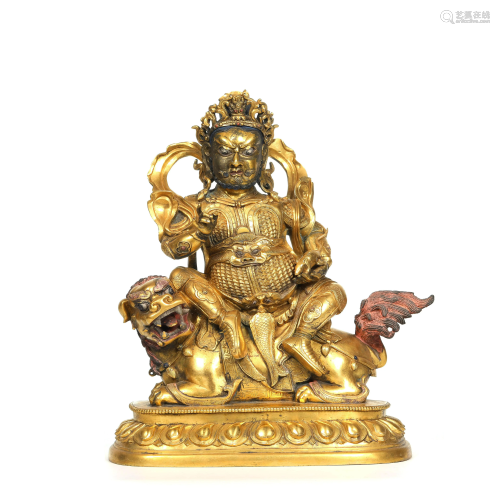 A Chinese Gild Copper Statue of Lion Zambala