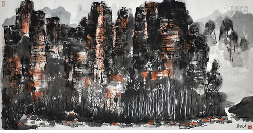 A Chinese Stone forest Painting, Wu Guanzhong Mark