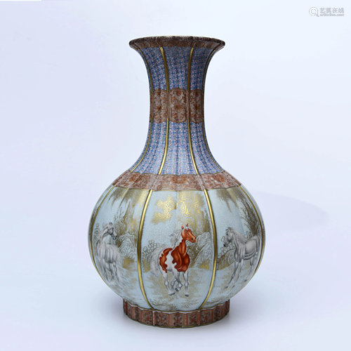 A Chinese Famille Rose Horse Painted Porcelain Vase