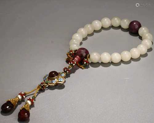 A Chinese White Hetian Jade Beads Hand String