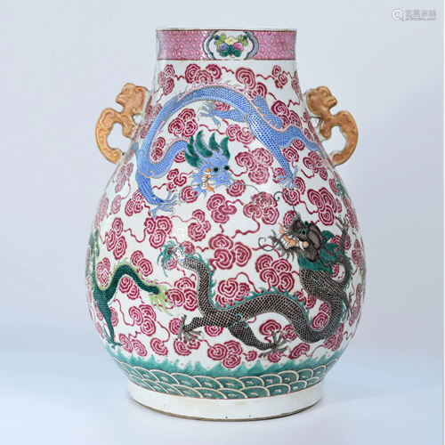 A Chinese Chi Dragon Ears Porcelain Floral Zun