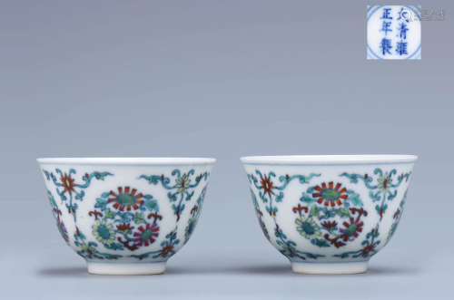 A Pair of Chinese Doucai Floral Porcelain Cups