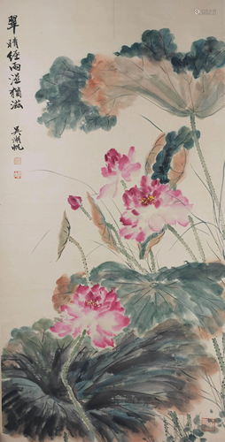 A Chinese Lotus Painting Scroll, Wu Hufan Mark