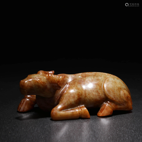 A Chinese Yellow Hetian Jade Carved Cow Ornament