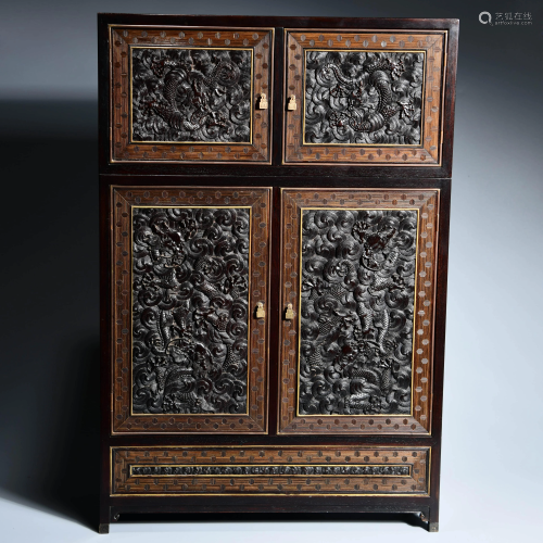 A Chinese Floral Board Inlaid Rosewood Clothes Closet