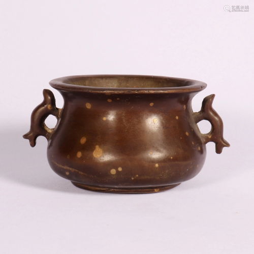 A Chinese Double Ears Gild Incense Burner
