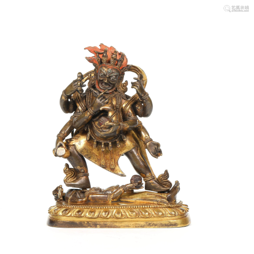 A Chinese Gild Copper Statue of Six-armed Mahakala