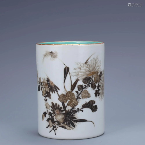 A Chinese Ink Colored Floral Inscribed Porcelain Brush