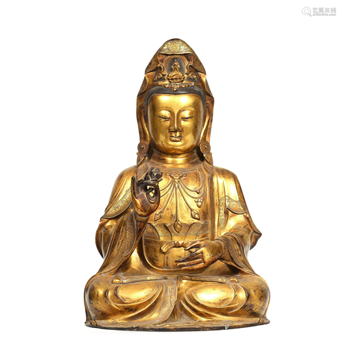 A Chinese Gild Copper Seated Statue of Guanyin