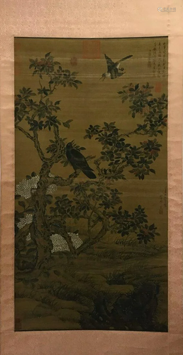 A Chinese Flower&bird Painting Silk Scroll, Zhou