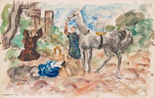 Fritz Friedrichs(Hamburg 1882 - Hoopte 1928)Rastender ReiterAquarell, 29 x 46 cm, l. u. stempelsign.