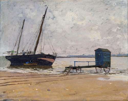 Carl Becker(Hameln 1862 - Hamburg 1926)Segelschiff am ElbstrandUm 1900, Öl/Lw., 42 x 55 cm, verso