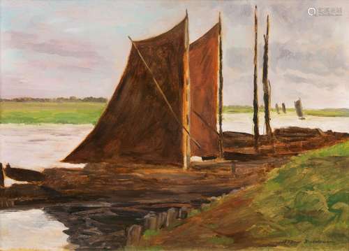 Walter Bertelsmann(Bremen 1877 - Worpswede 1963)Kähne auf der HammeÖl/Karton, 45 x 62,5 cm, r. u.