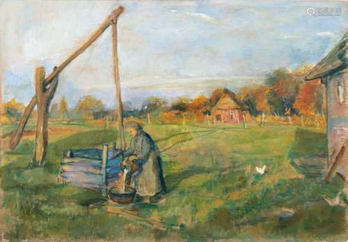 Lisel Oppel(Bremen 1897 - Worpswede 1960)Worpsweder Bäuerin am ZiehbrunnenÖl/Holz, 54 x 77 cm, verso