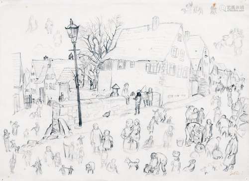 Karl Hubbuch(Karlsruhe 1891 - Karlsruhe 1979)Dorfplatz mit KindernBleistiftzeichnung, 30,5 x 41,5