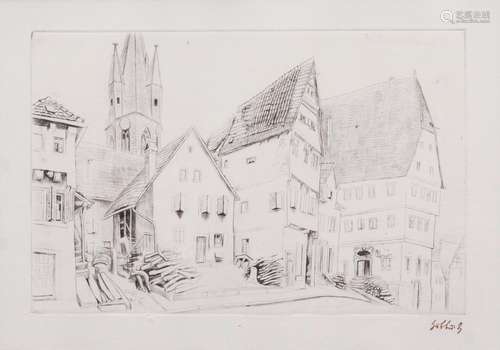 Karl Hubbuch(Karlsruhe 1891 - Karlsruhe 1979)Badisches StädtchenWohl um 1920, Radierung, 19 x 30 cm,