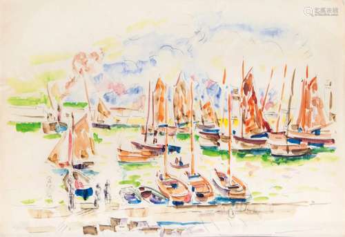 Ivo Hauptmann(Erkner 1886 - Hamburg 1973)Boote im HafenAquarell, 29 x 43 cm, unter Glas gerahmt. -