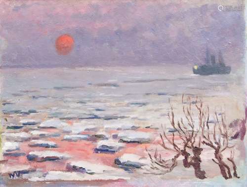 Walter Voltmer(Hamburg 1884 - Hamburg 1972)Abend an der ElbeUm 1950, Öl/Hartfaser, 32 x 43 cm, l. u.