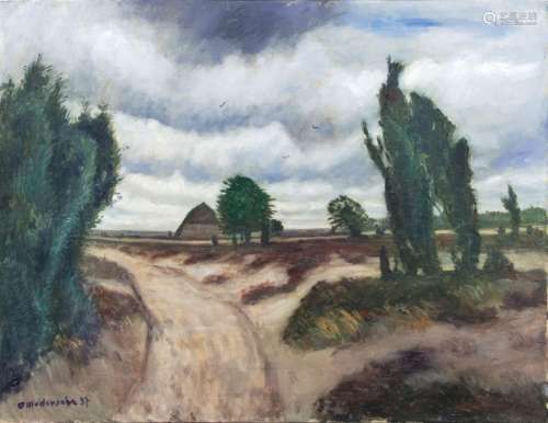 Otto Modersohn(Soest 1865 - Fischerhude 1943)Heide mit SchafstallÖl/Lw., 65,5 x 74,5 cm, l. u. sign.