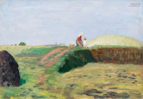 Otto Modersohn(Soest 1865 - Fischerhude 1943)Sonnige Moorlandschaft mit Bäuerin und KindÖl/Karton/