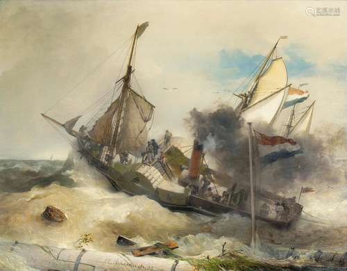 Andreas Achenbach(Kassel 1815 - Düsseldorf 1910)Dampfschlepper in schwerer SeeÖl/Lw., 81 x 100 cm,