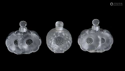 Lalique, Cristal Lalique, Deux Fleurs, a pair of moulded frosted and clear glass scent bottles